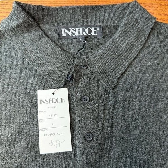 Inserch Mens Large Pullover Sweater knit polo long sleeve deep gray charcoal - Picture 2 of 4